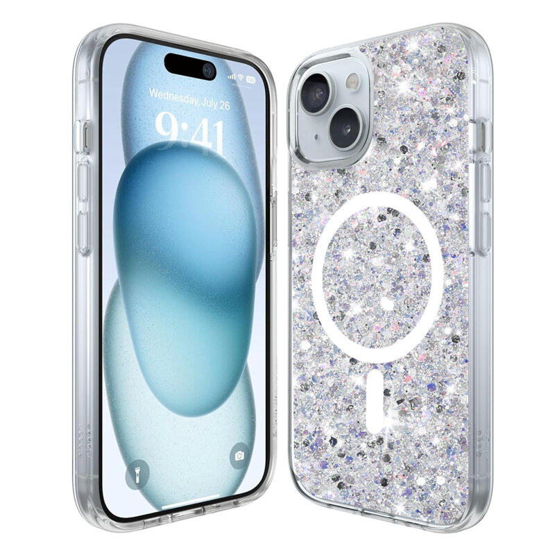 Husa cu sclipici iPhone 15 Plus Techsuit Sparkly Glitter MagSafe, alb