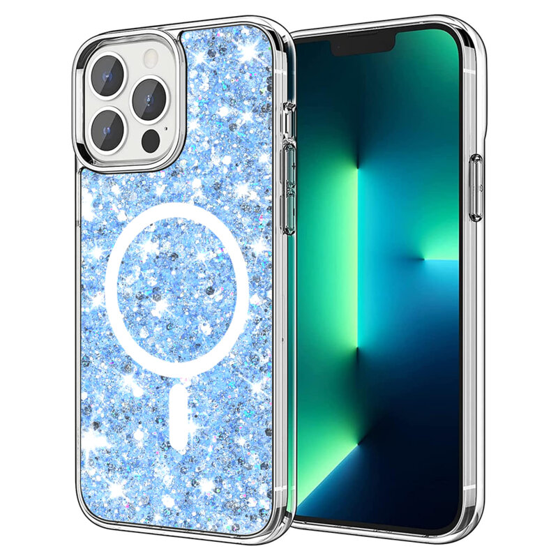 Husa cu sclipici iPhone 13 Pro Techsuit Sparkly Glitter MagSafe, bleu