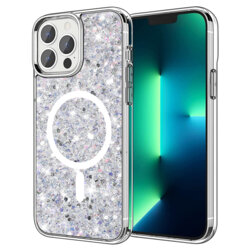 Husa cu sclipici iPhone 13 Pro Techsuit Sparkly Glitter MagSafe, alb