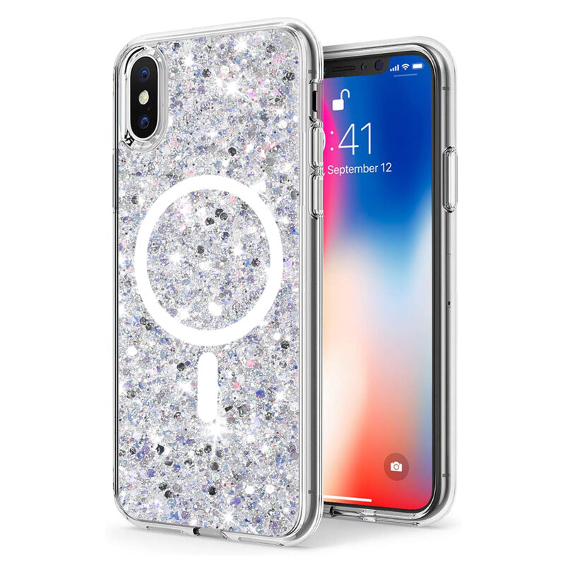 Husa cu sclipici iPhone X, iPhone 10 Techsuit Sparkly Glitter MagSafe, alb