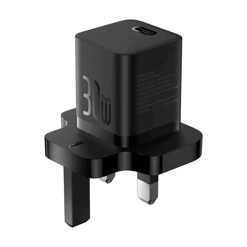 Incarcator priza UK tip C Fast Charge Baseus GaN5, 30W, negru