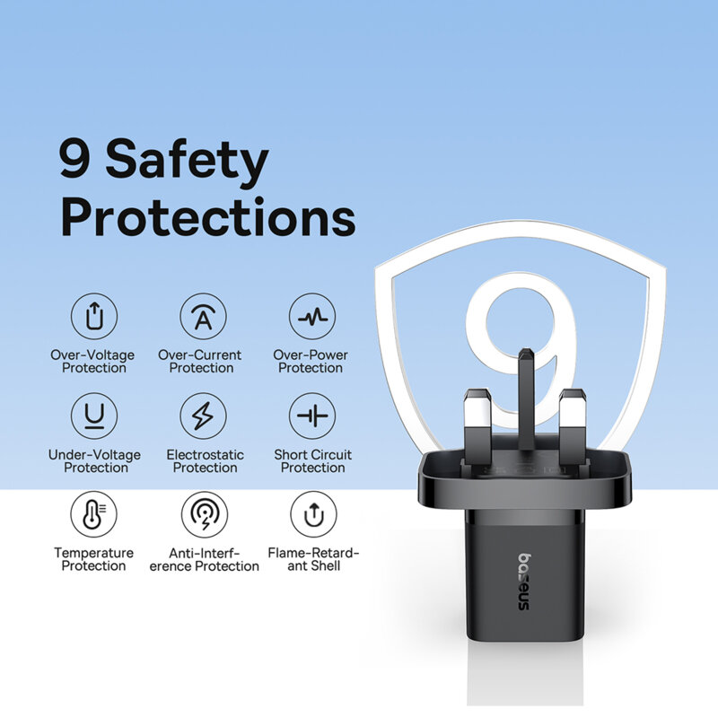 Incarcator priza UK tip C Fast Charge Baseus GaN5, 30W, negru