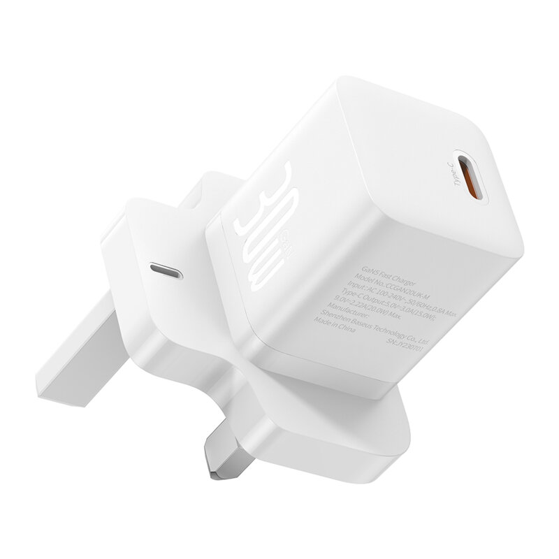 Incarcator priza UK tip C Fast Charge Baseus GaN5, 30W, alb