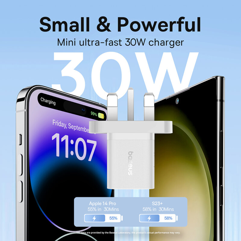 Incarcator priza UK tip C Fast Charge Baseus GaN5, 30W, alb