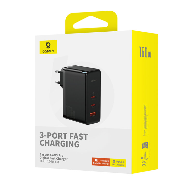 Incarcator priza tip C USB + cablu Type-C Baseus GaN5 Pro Digital, 160W, negru