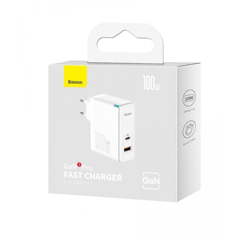 Incarcator priza Fast Charge 2in1 + cablu Type-C Baseus GaN5 Pro, 100W, alb