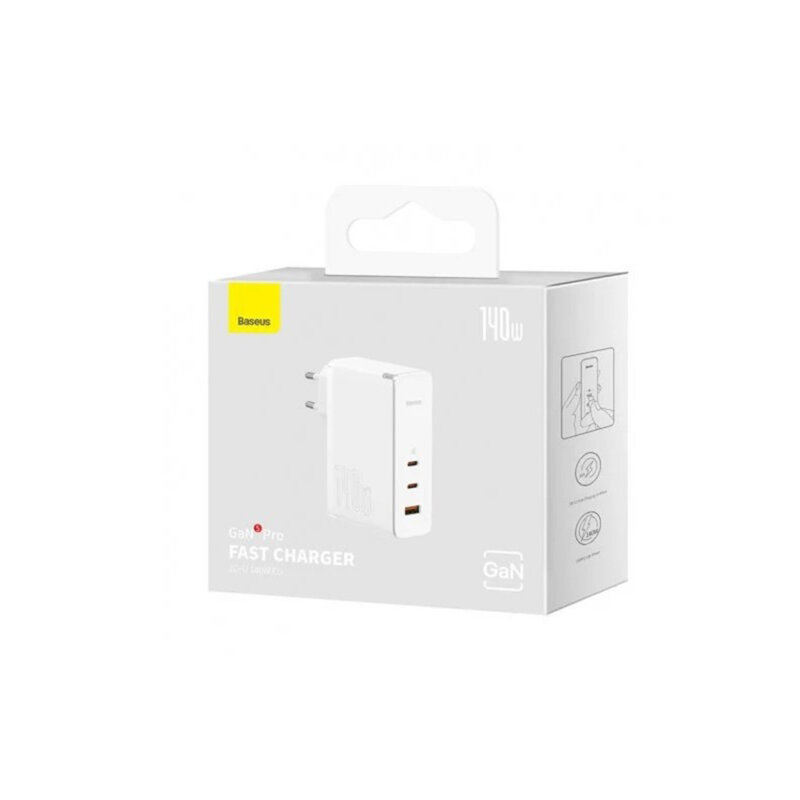 Incarcator priza Fast Charge 3in1 + cablu Type-C Baseus GaN5 Pro, 140W, alb