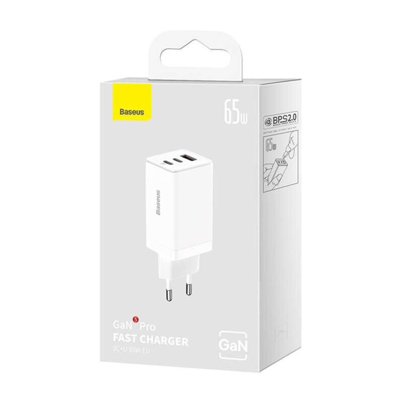 Incarcator priza Fast Charge 3in1 + cablu Type-C Baseus GaN5 Pro, 65W, alb