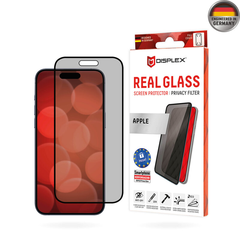 Folie sticla premium iPhone 16 Displex Real Glass Privacy Full Cover, negru