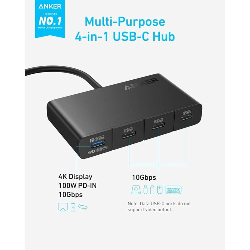 Docking station, hub 4x Type-C, 10Gbps, 100W Anker, negru