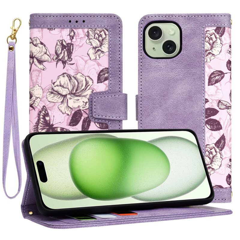 Husa personalizata fete iPhone 15 Plus Techsuit FlipCraft, mov