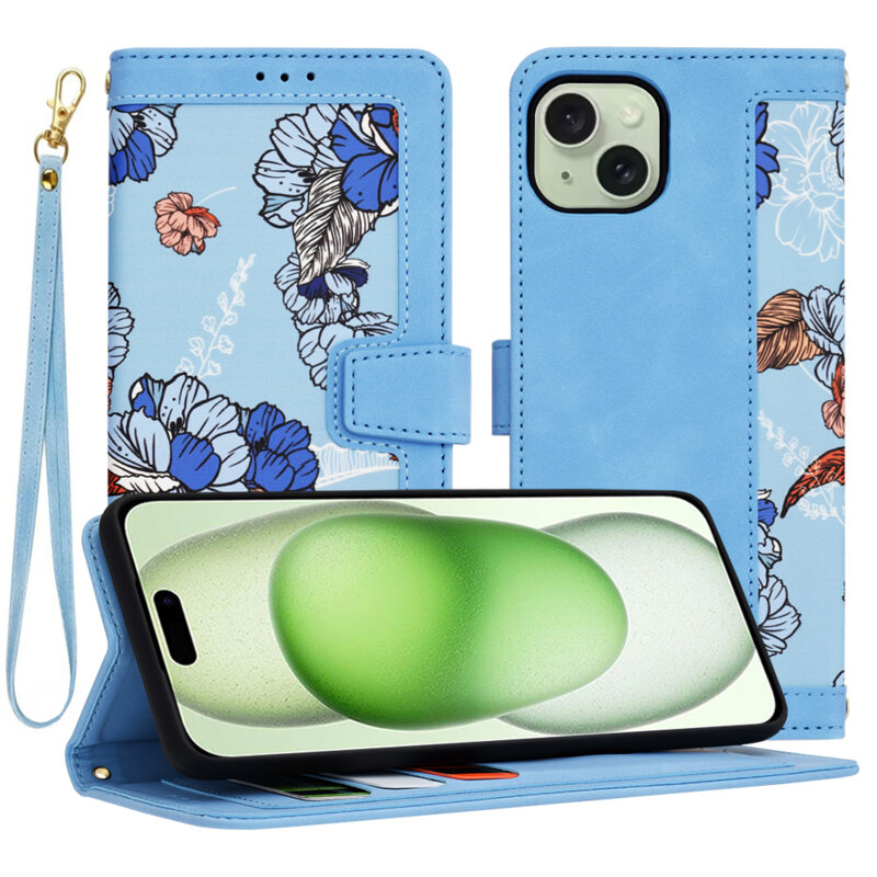 Husa personalizata fete iPhone 15 Plus Techsuit FlipCraft, bleu