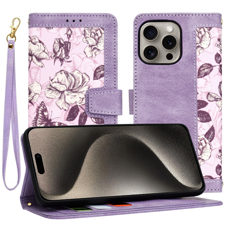 Husa personalizata fete iPhone 15 Pro Max Techsuit FlipCraft, mov
