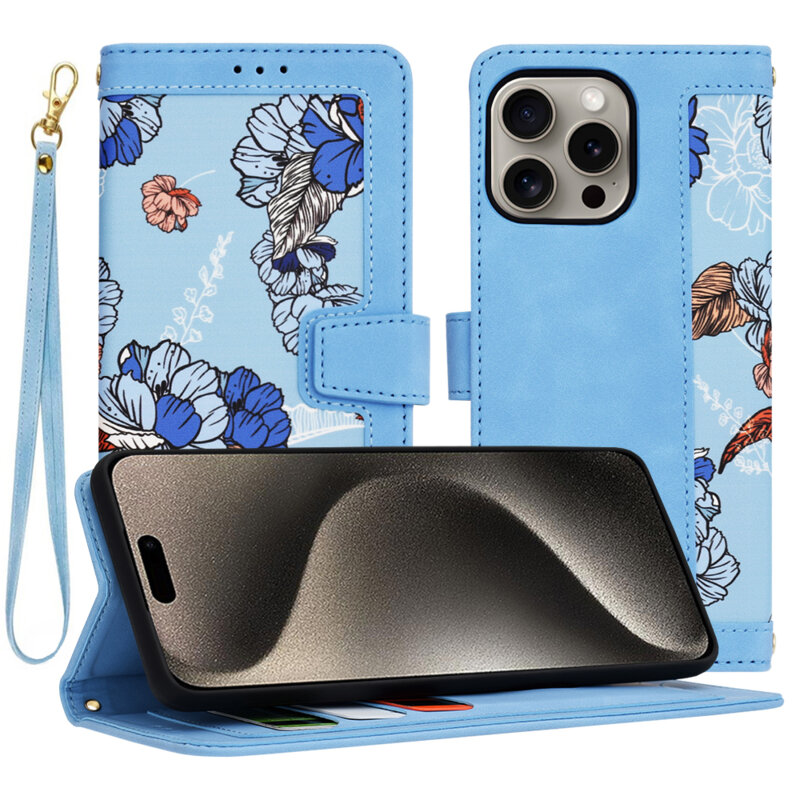 Husa personalizata fete iPhone 15 Pro Max Techsuit FlipCraft, bleu