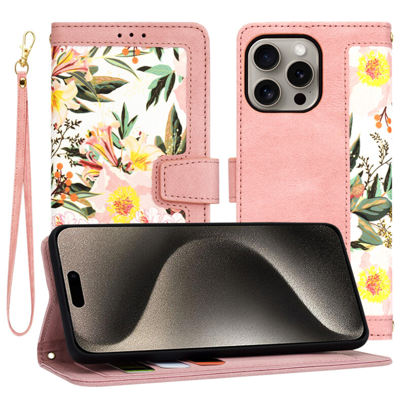 Husa personalizata fete iPhone 15 Pro Max Techsuit FlipCraft, roz