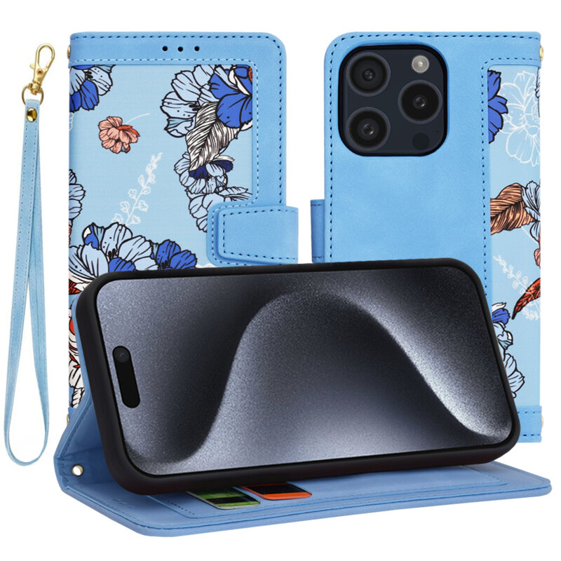 Husa personalizata fete iPhone 15 Pro Techsuit FlipCraft, bleu