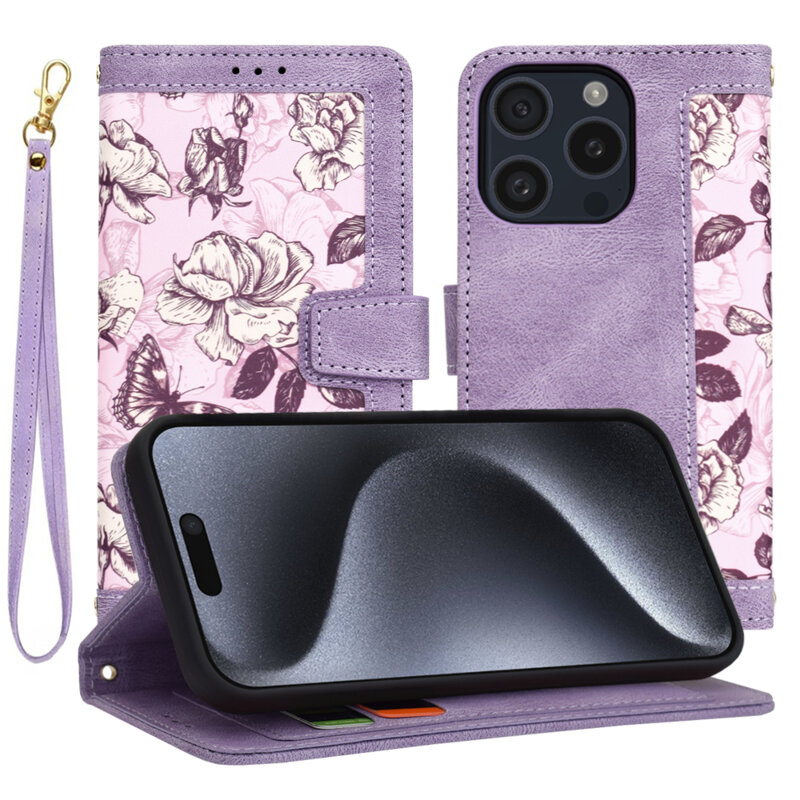 Husa personalizata fete iPhone 15 Pro Techsuit FlipCraft, mov