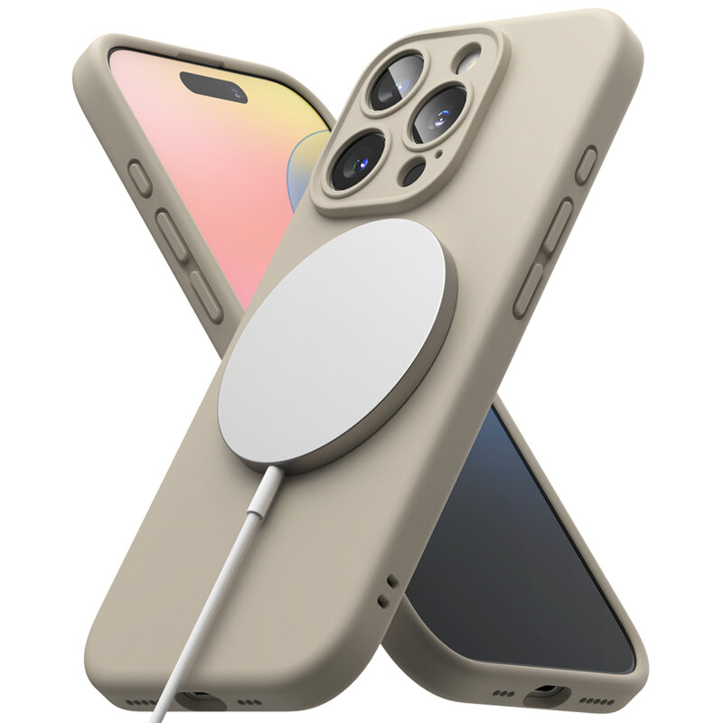 Husa iPhone 16 Pro Ringke Silicone Magnetic MagSafe, crem