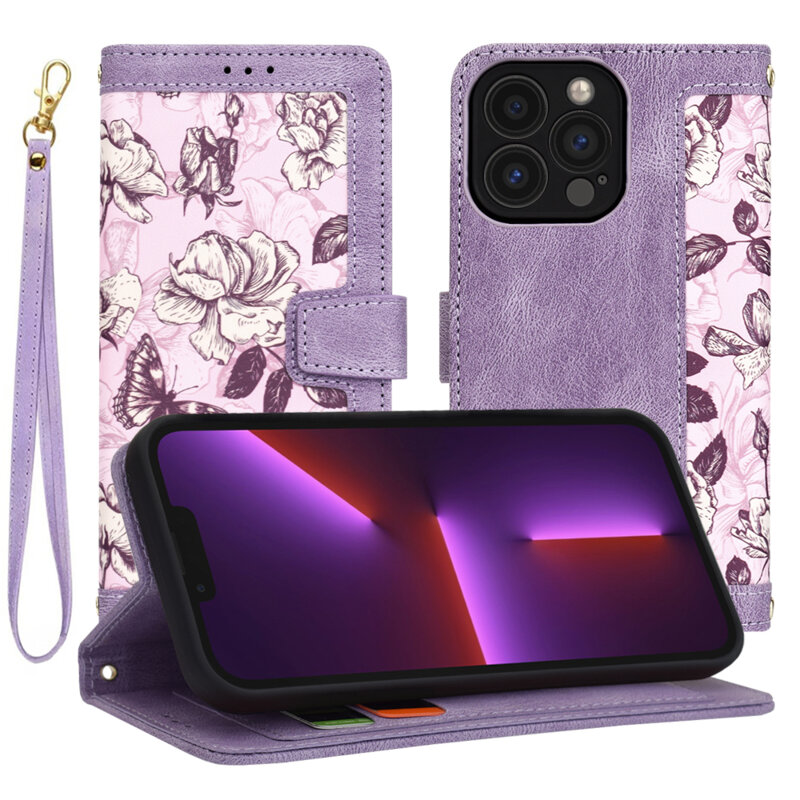 Husa personalizata fete iPhone 13 Pro Techsuit FlipCraft, mov