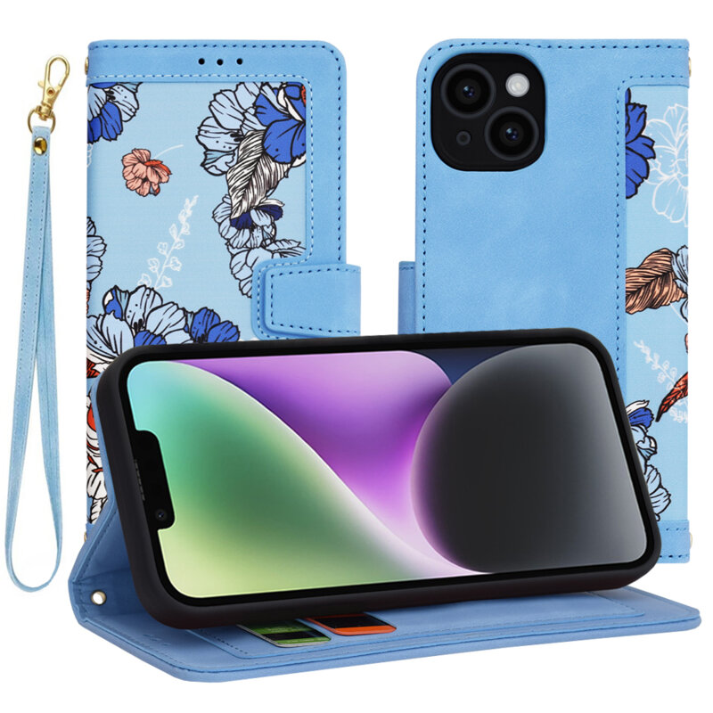 Husa personalizata fete iPhone 14 Techsuit FlipCraft, bleu