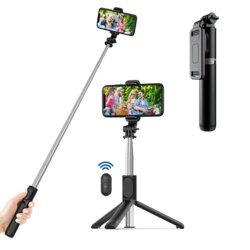 Selfie stick trepied, telecomanda Bluetooth Techsuit Q01, 101cm, negru