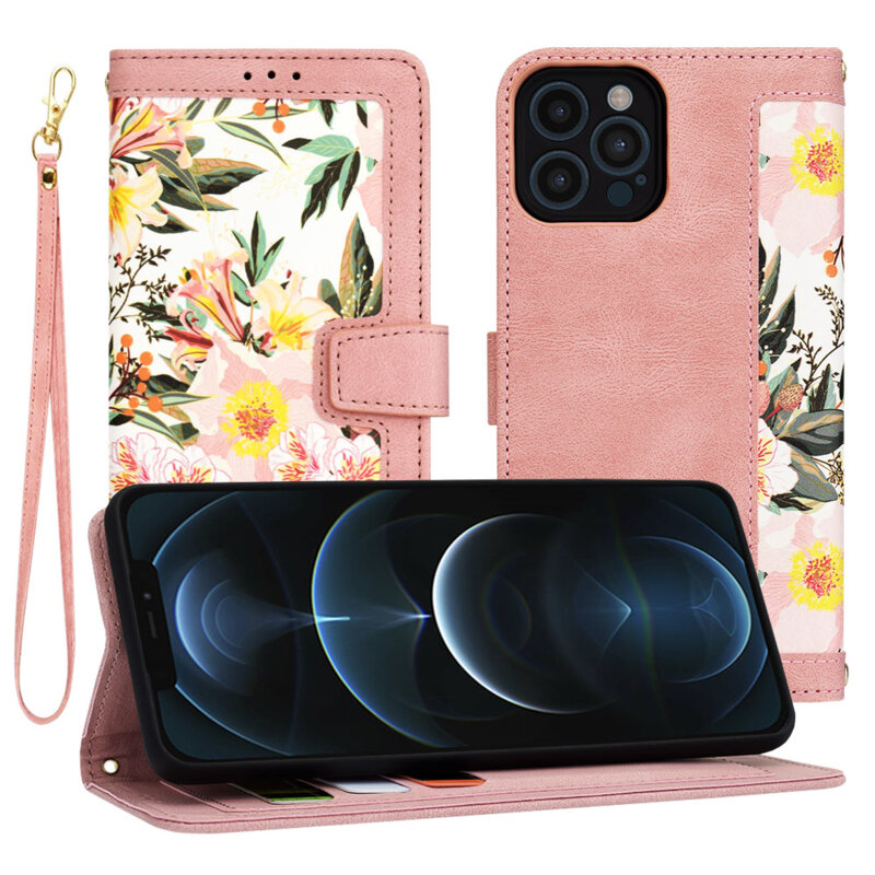 Husa personalizata fete iPhone 12 Pro Max Techsuit FlipCraft, roz
