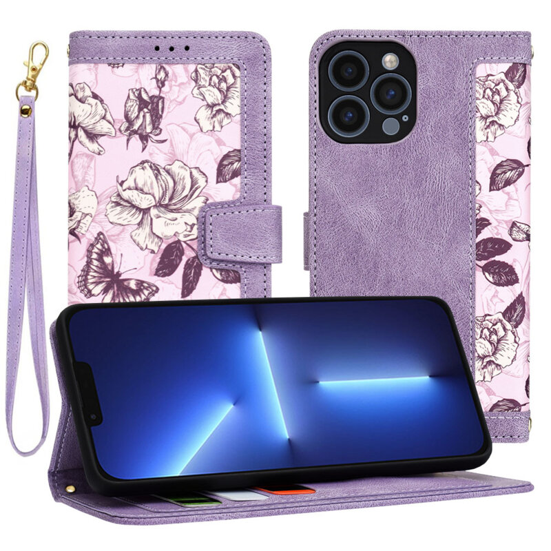 Husa personalizata fete iPhone 13 Pro Max Techsuit FlipCraft, mov