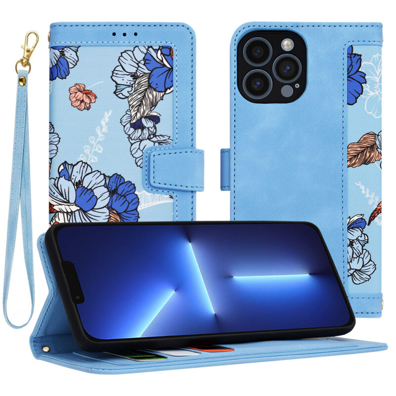 Husa personalizata fete iPhone 13 Pro Max Techsuit FlipCraft, bleu