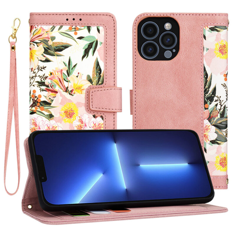 Husa personalizata fete iPhone 13 Pro Max Techsuit FlipCraft, roz