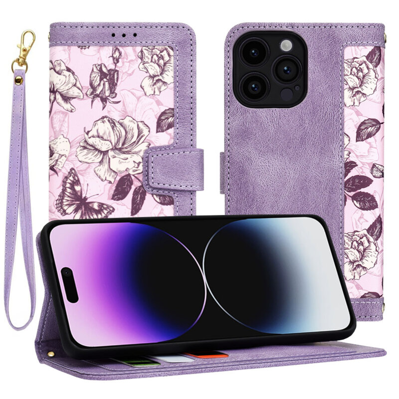 Husa personalizata fete iPhone 14 Pro Max Techsuit FlipCraft, mov