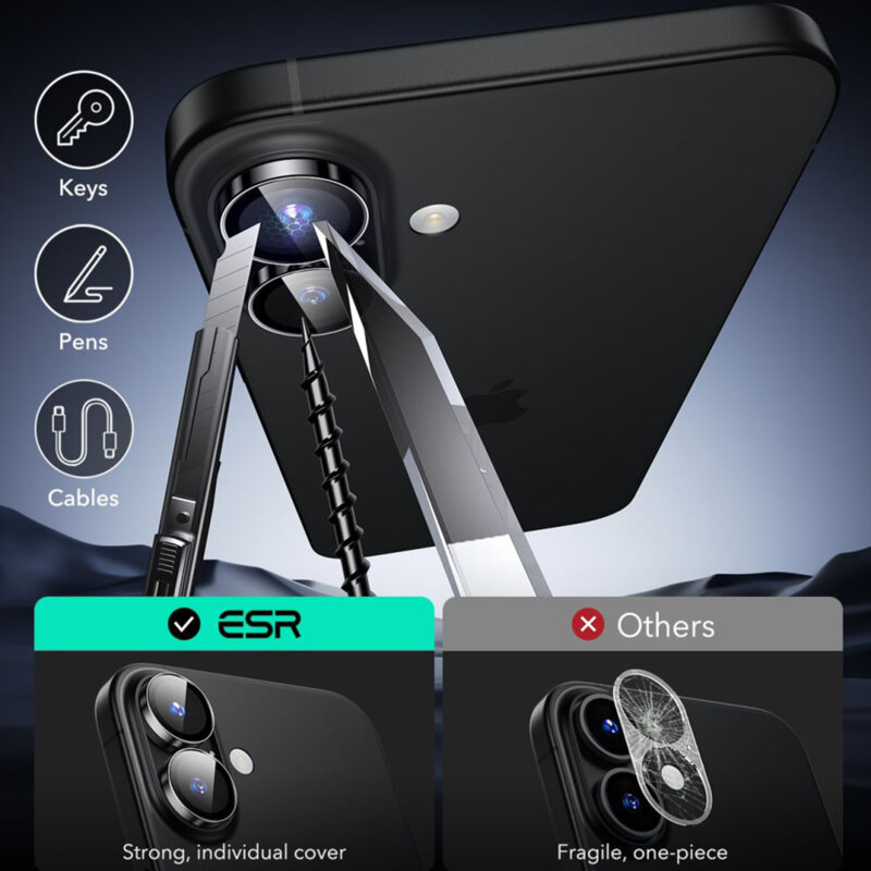 Folie sticla camera iPhone 16 Plus ESR Armorite Camera Lens Protectors, negru
