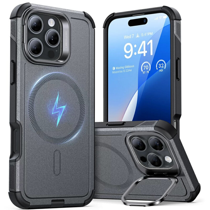 Husa iPhone 16 Pro Max ESR Cyber Armor Kickstand, gri