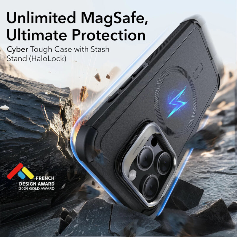 Husa iPhone 16 Pro ESR Cyber Armor Kickstand, gri