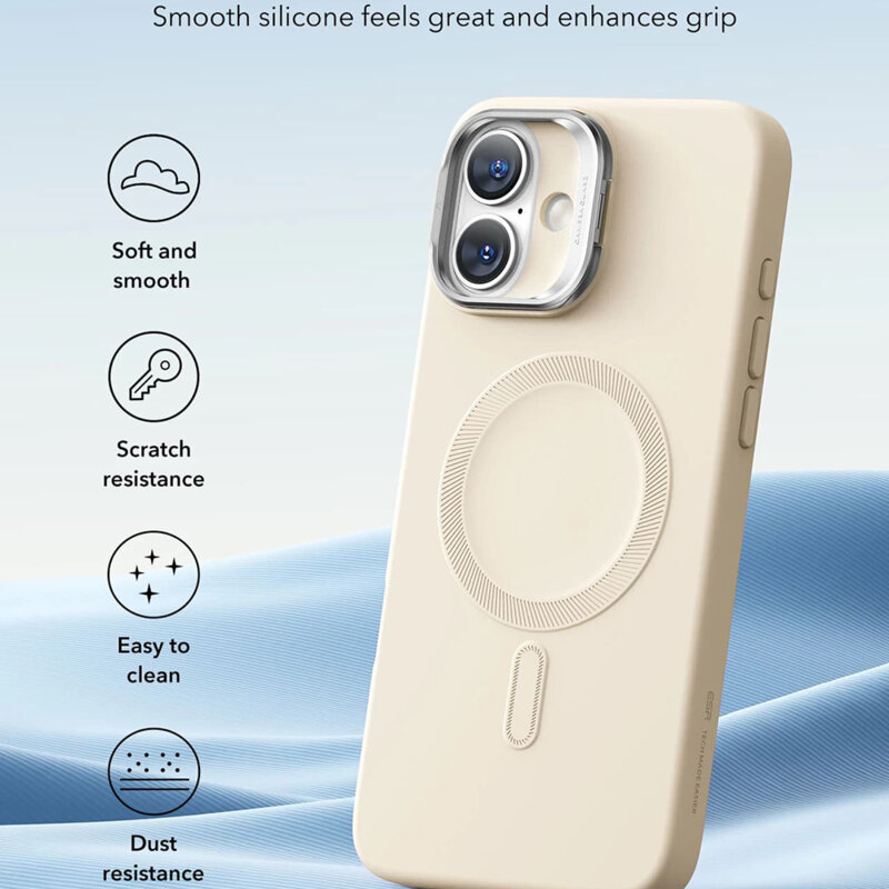 Husa iPhone 16 Plus ESR Cloud Soft HaloLock Kickstand, crem