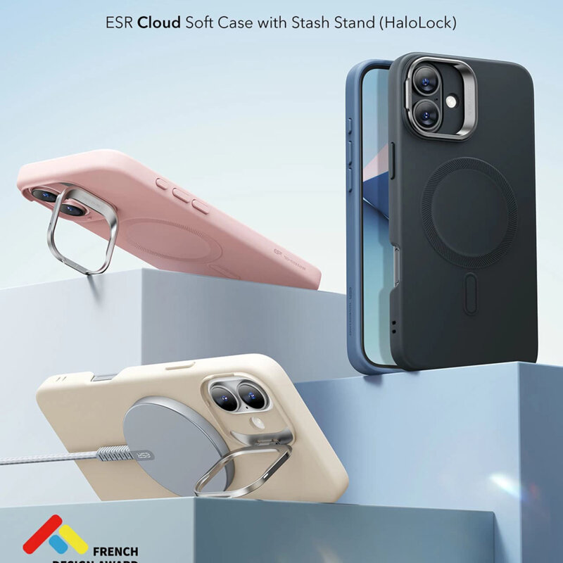 Husa iPhone 16 Plus ESR Cloud Soft HaloLock Kickstand, crem