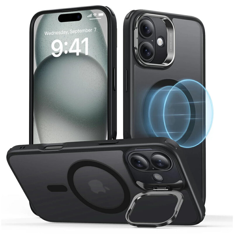 Husa iPhone 16 ESR Classic Hybrid HaloLock Kickstand, negru frost