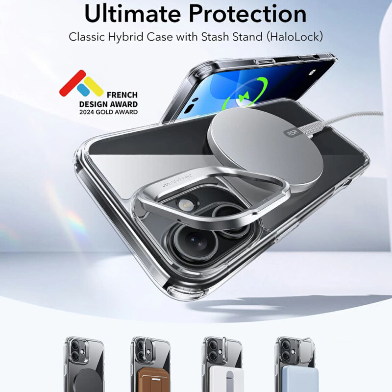 Husa iPhone 16 ESR Classic Hybrid HaloLock Kickstand, negru frost
