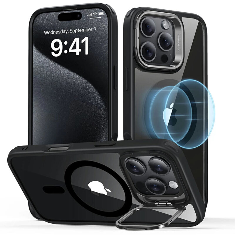 Husa iPhone 16 Pro ESR Classic Hybrid HaloLock Kickstand, negru/transparenta