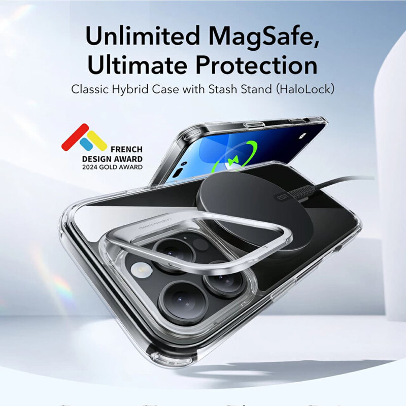 Husa iPhone 16 Pro ESR Classic Hybrid HaloLock Kickstand, transparenta