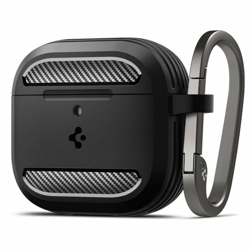 Husa Apple AirPods 4 Spigen Rugged Armor, holder metalic, negru