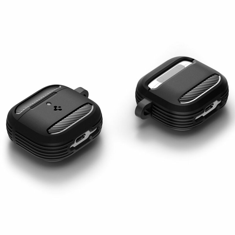 Husa Apple AirPods 4 Spigen Rugged Armor, holder metalic, negru