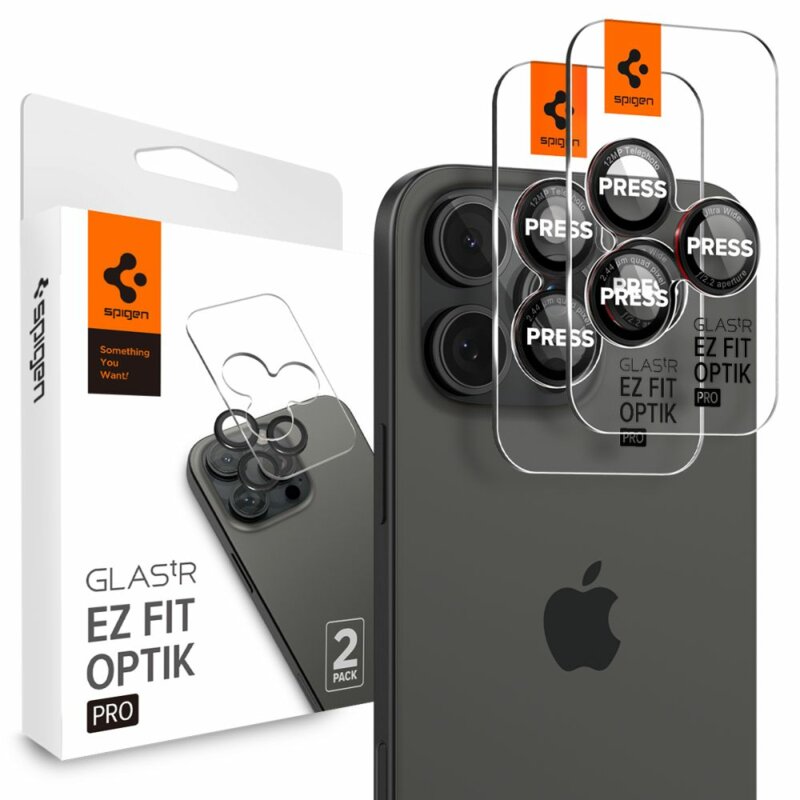 [Pachet 2x] Folie sticla camera iPhone 14 Pro Spigen Glas.tR Optik EZ Fit Pro, negru