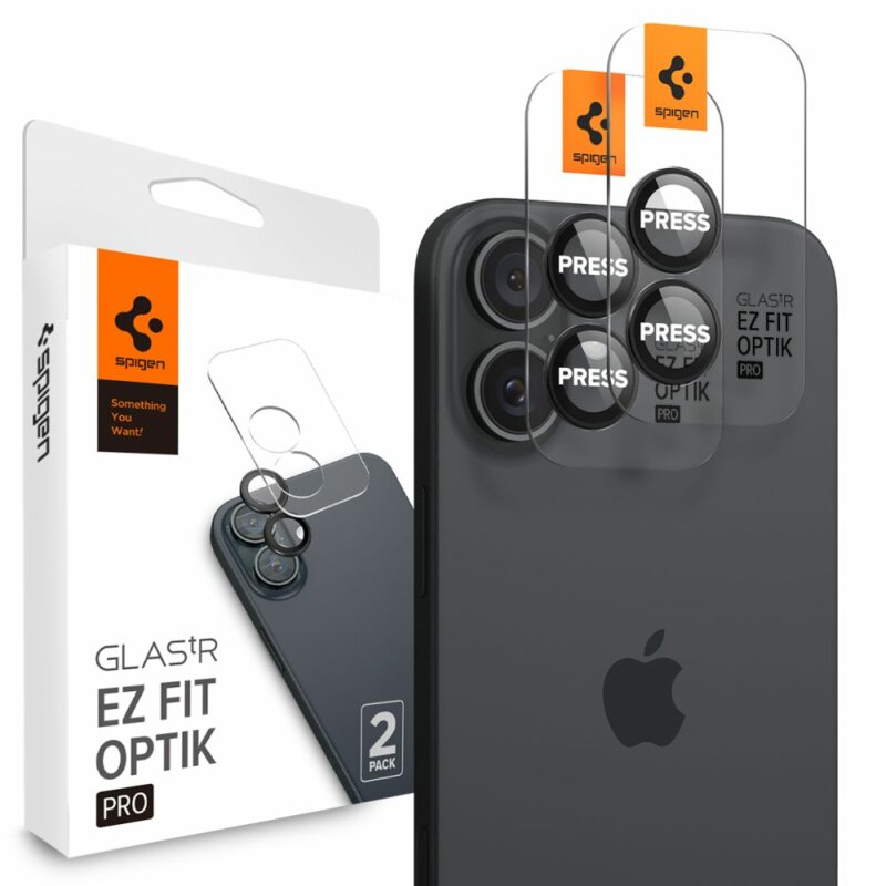 [Pachet 2x] Folie sticla camera iPhone 16 Spigen Glas.tR Optik EZ Fit Pro, negru